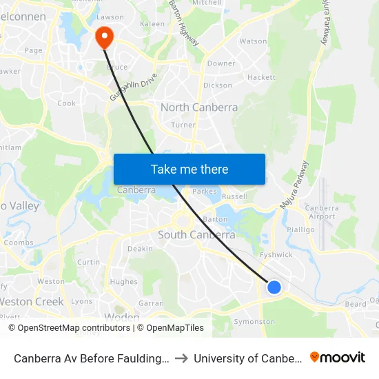 Canberra Av Before Faulding St to University of Canberra map