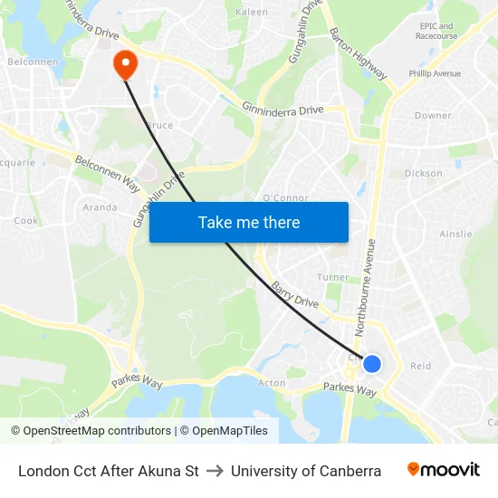 London Cct After Akuna St to University of Canberra map