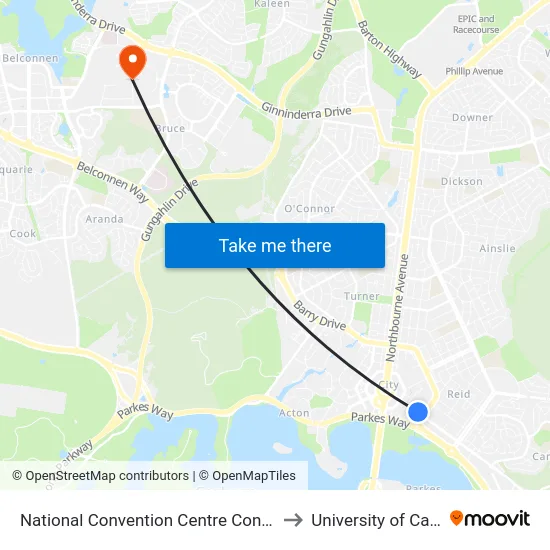 National Convention Centre Constitution Av to University of Canberra map