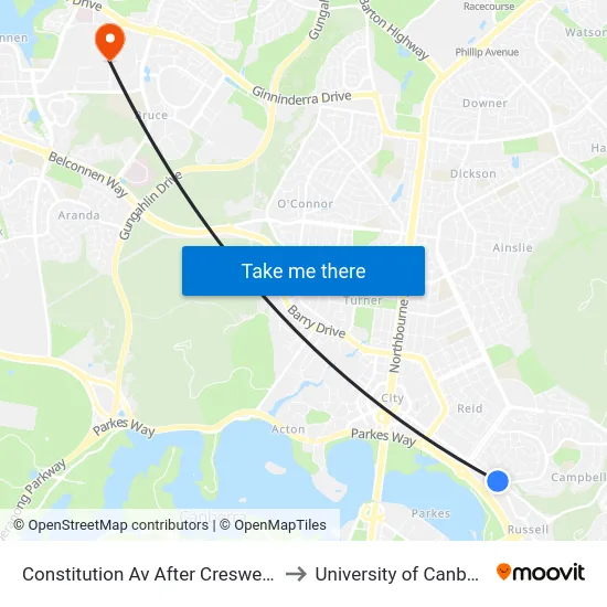 Constitution Av After Creswell St to University of Canberra map