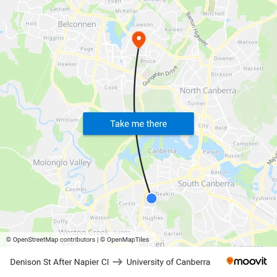 Denison St After Napier Cl to University of Canberra map