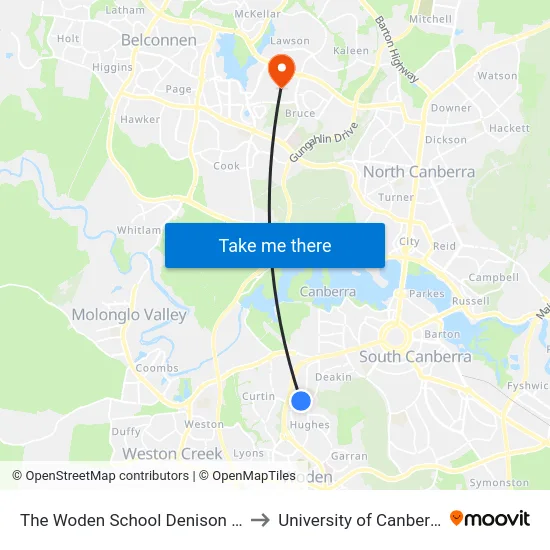 The Woden School Denison St to University of Canberra map