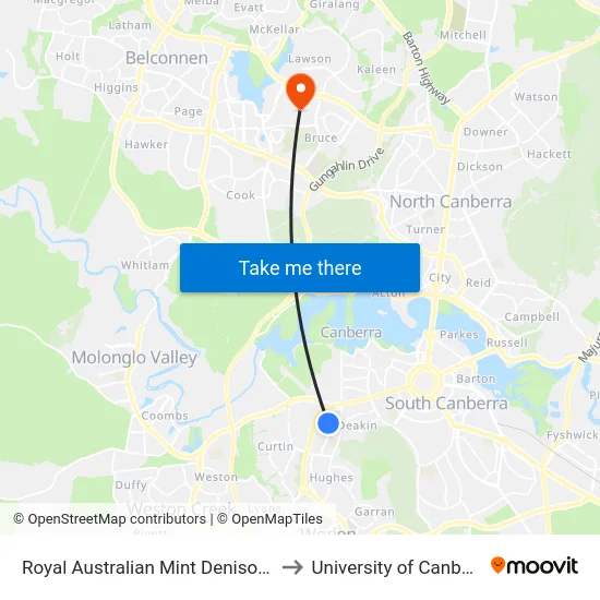 Royal Australian Mint Denison St to University of Canberra map