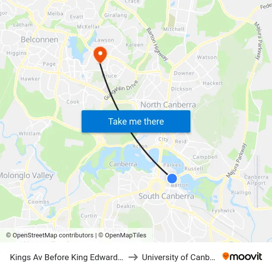Kings Av Before King Edward Tce to University of Canberra map