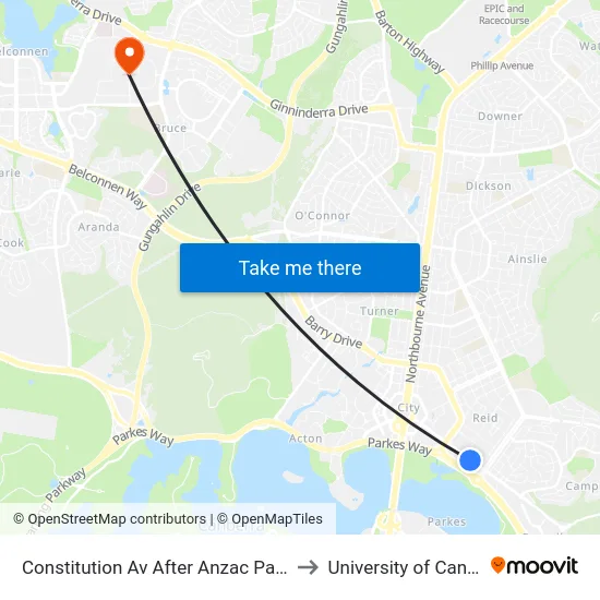 Constitution Av After Anzac Park West to University of Canberra map