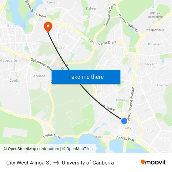 City West Alinga St to University of Canberra map