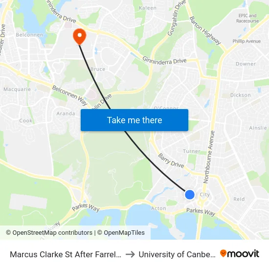 Marcus Clarke St After Farrell Pl to University of Canberra map