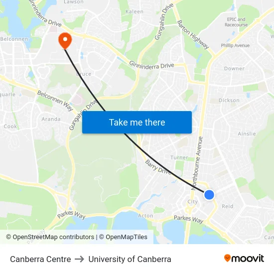 Canberra Centre to University of Canberra map