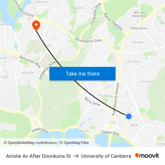 Ainslie Av After Doonkuna St to University of Canberra map