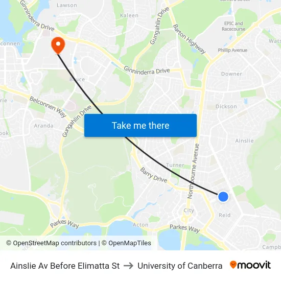 Ainslie Av Before Elimatta St to University of Canberra map