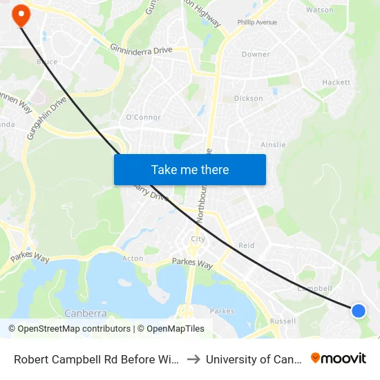 Robert Campbell Rd Before Wilton Rd to University of Canberra map