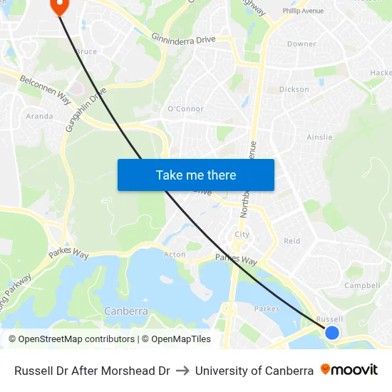 Russell Dr After Morshead Dr to University of Canberra map