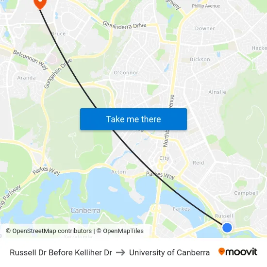 Russell Dr Before Kelliher Dr to University of Canberra map