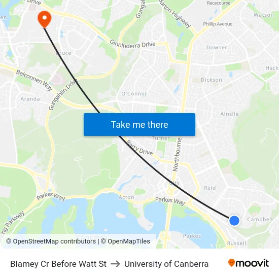 Blamey Cr Before Watt St to University of Canberra map