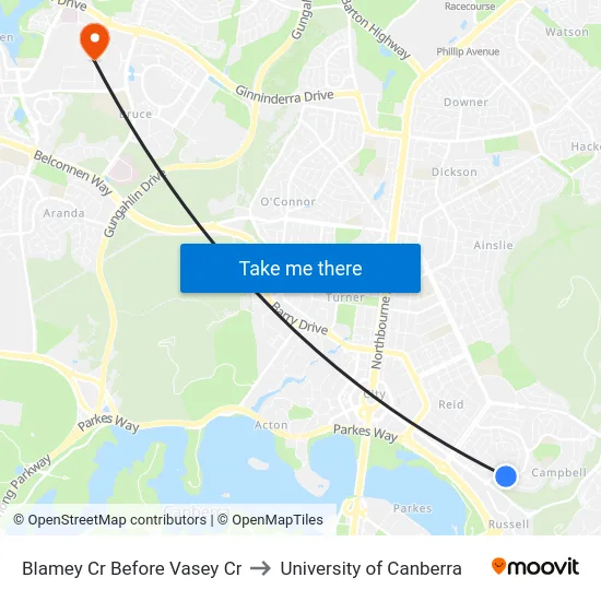 Blamey Cr Before Vasey Cr to University of Canberra map