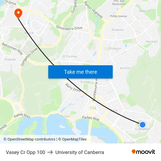 Vasey Cr Opp 100 to University of Canberra map