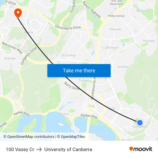 100 Vasey Cr to University of Canberra map