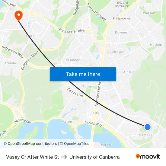 Vasey Cr After White St to University of Canberra map