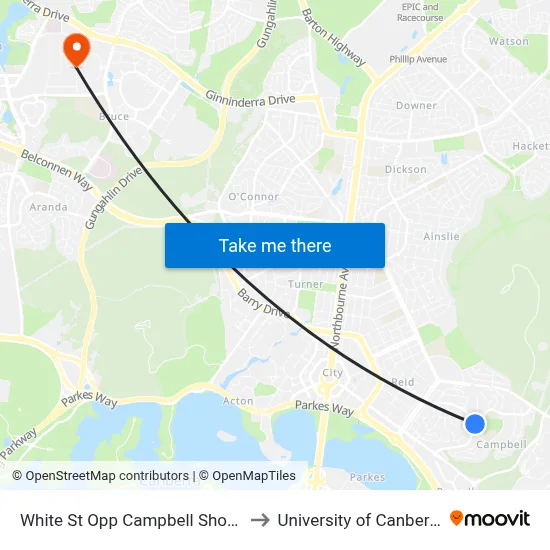 White St Opp Campbell Shops to University of Canberra map