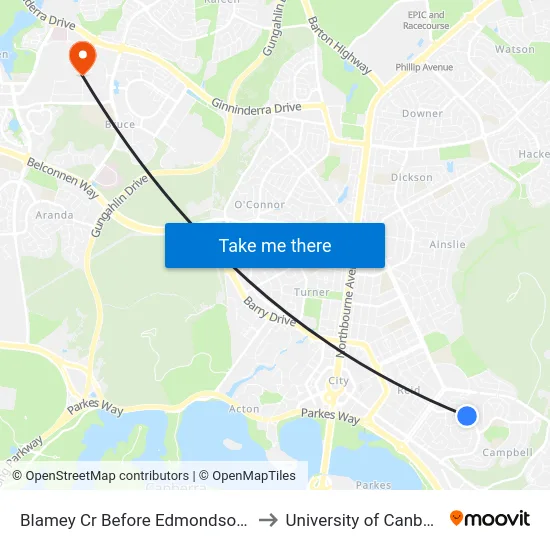 Blamey Cr Before Edmondson St to University of Canberra map