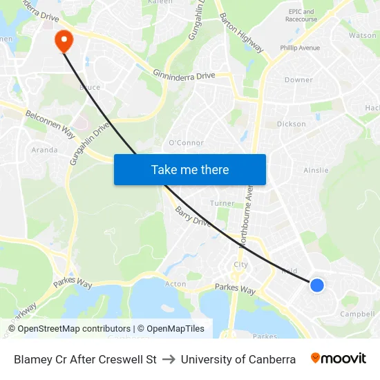 Blamey Cr After Creswell St to University of Canberra map