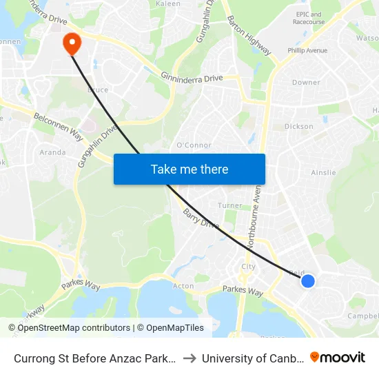 Currong St Before Anzac Park West to University of Canberra map