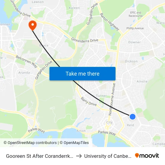 Gooreen St After Coranderrk St to University of Canberra map