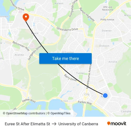 Euree St After Elimatta St to University of Canberra map