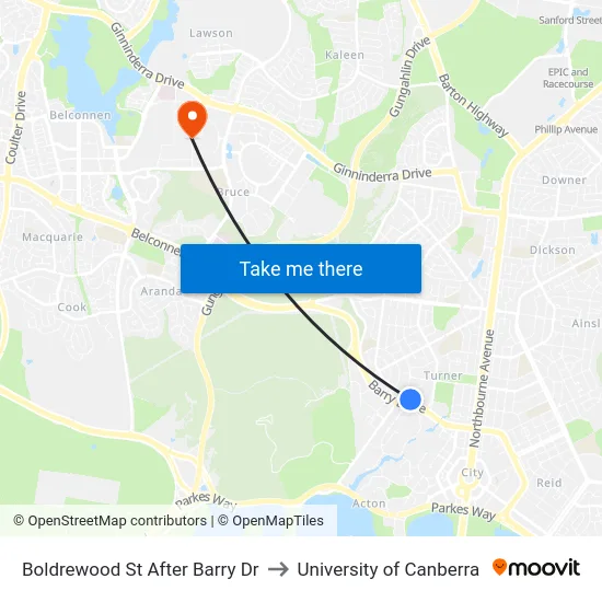 Boldrewood St After Barry Dr to University of Canberra map