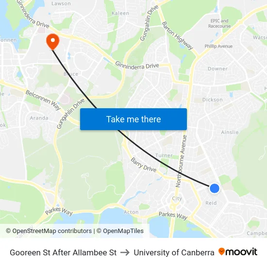 Gooreen St After Allambee St to University of Canberra map