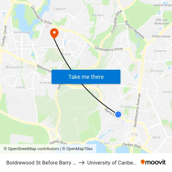 Boldrewood St Before Barry Dr to University of Canberra map
