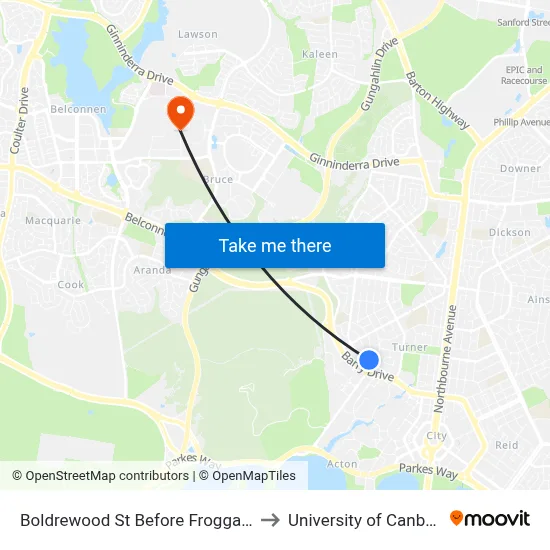 Boldrewood St Before Froggatt St to University of Canberra map