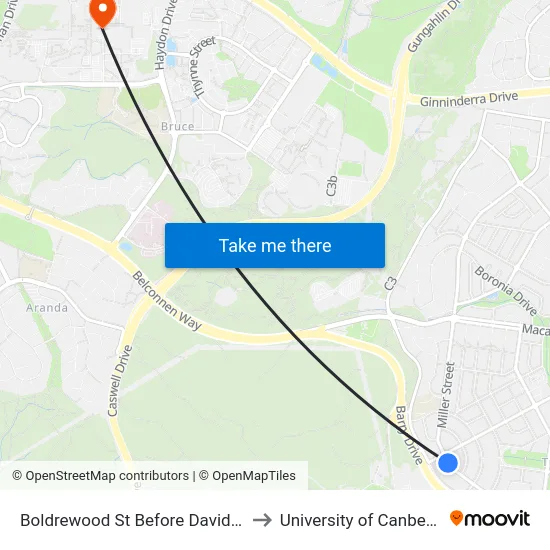 Boldrewood St Before David St to University of Canberra map