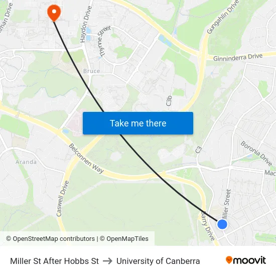 Miller St After Hobbs St to University of Canberra map