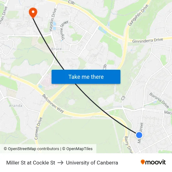 Miller St at Cockle St to University of Canberra map