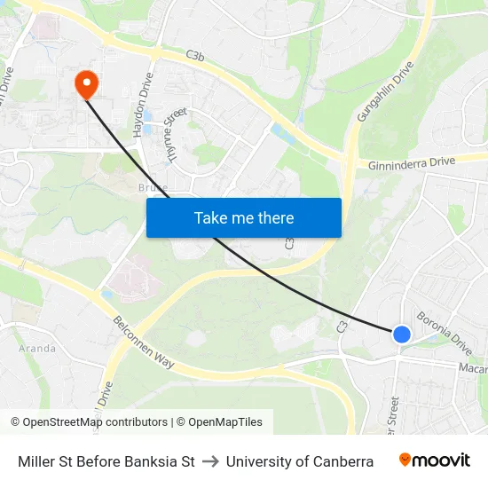 Miller St Before Banksia St to University of Canberra map