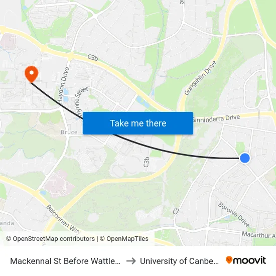 Mackennal St Before Wattle St to University of Canberra map