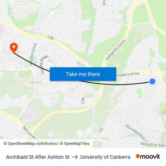 Archibald St After Ashton St to University of Canberra map