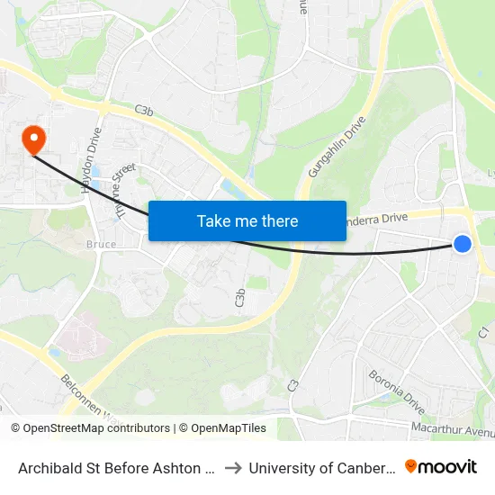 Archibald St Before Ashton St to University of Canberra map