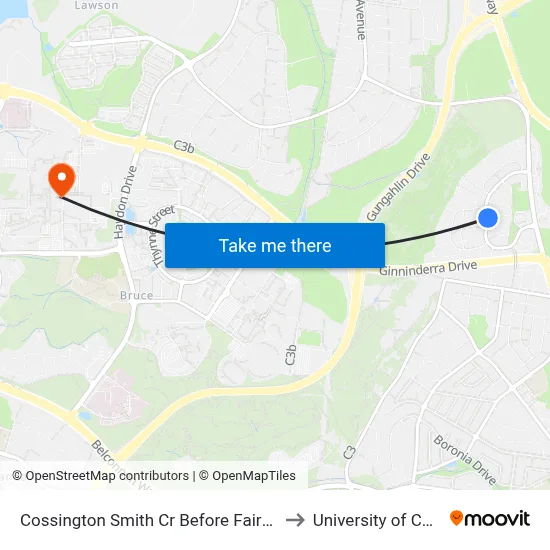 Cossington Smith Cr Before Fairweather Cct to University of Canberra map