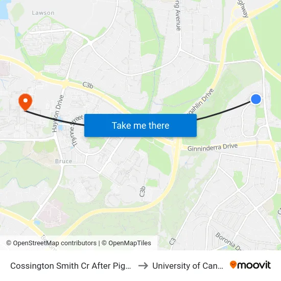 Cossington Smith Cr After Piguenit Cl to University of Canberra map