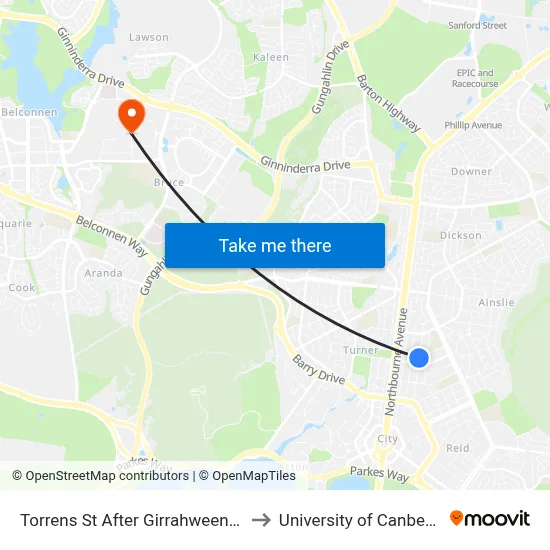 Torrens St After Girrahween St to University of Canberra map