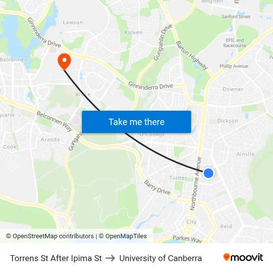 Torrens St After Ipima St to University of Canberra map