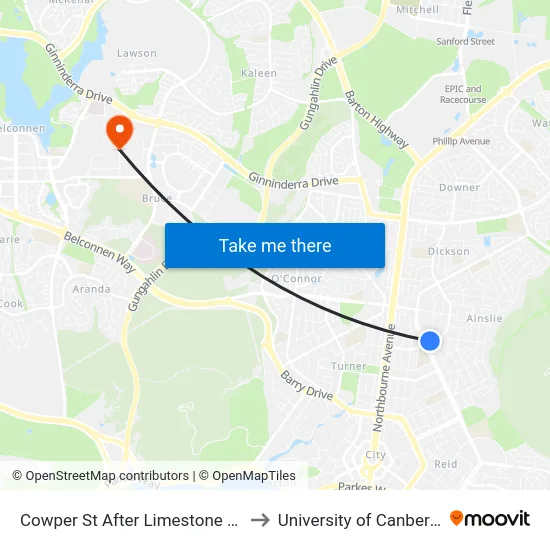 Cowper St After Limestone Av to University of Canberra map