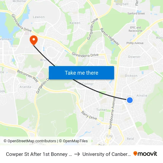 Cowper St After 1st Bonney St to University of Canberra map