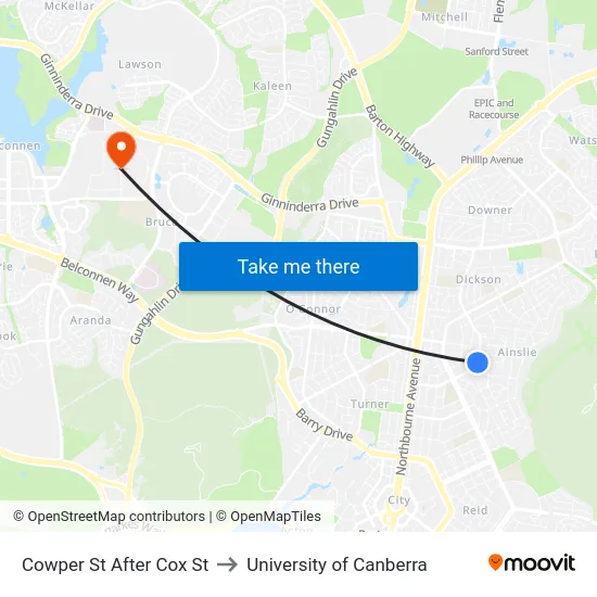 Cowper St After Cox St to University of Canberra map