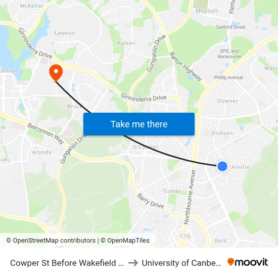 Cowper St Before Wakefield Av to University of Canberra map