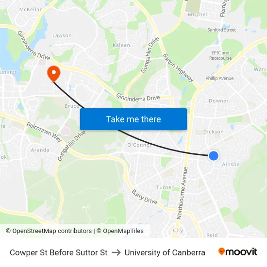 Cowper St Before Suttor St to University of Canberra map