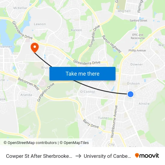 Cowper St After Sherbrooke St to University of Canberra map
