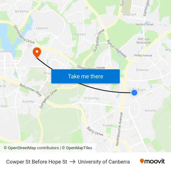 Cowper St Before Hope St to University of Canberra map